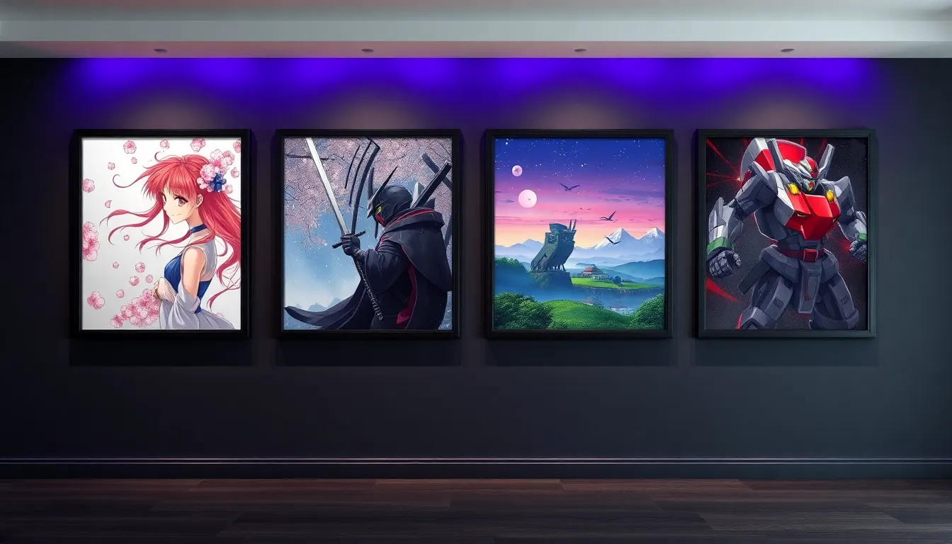 AI art generator anime and fantasy styles showcase — magical girl, cyberpunk samurai, Ghibli-inspired landscapes, and mecha art created with LUNA